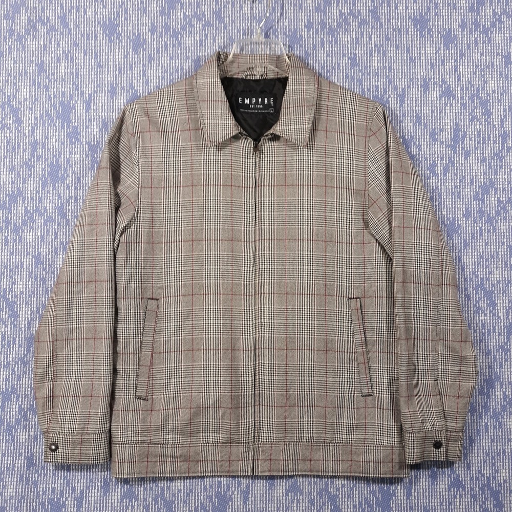 Empyre Jacket Mens Large Gray Full Zip Collared Bomber Plaid Rayon Blend
